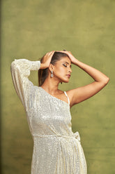 Shimmering Elegance: One-Shoulder Pearl White Sequin Dress with Belt